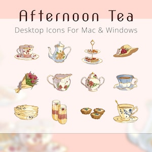 May include: A set of 12 colourful illustrations of tea time items, including a teapot, teacups, saucers, a tiered cake stand, a hat, a bouquet of flowers, a creamer, a sugar bowl, and pastries. The illustrations are in a vintage style and are perfect for use as desktop icons.