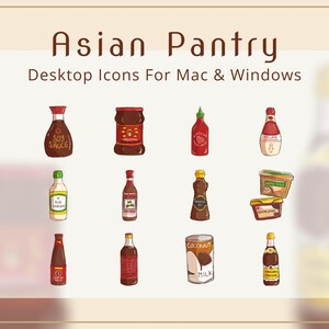 Puede incluir: Un conjunto de 10 iconos de despensa asiática para el uso en el escritorio de Mac y Windows. Los iconos incluyen salsa de soja, vinagre de arroz, salsa de pescado, salsa de ostras, salsa de chile, leche de coco y aceite de sésamo.