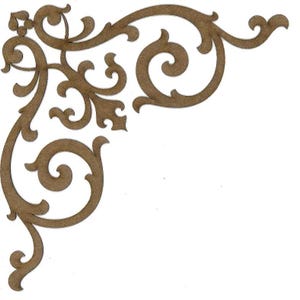 May include: A decorative wooden corner piece with an ornate, swirling design. The piece is a warm brown color and features intricate scrollwork and floral-like details, perfect for craft projects or home decor.