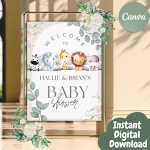 Bearbeitbare Babyparty-Willkommensschild-Vorlage für Jungen / Mädchen, Safari-Themen-Babyparty-Willkommensschild, sofortiger digitaler Download, druckbar