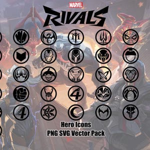 May include: Black and white Marvel Rivals hero icons in a circle. The icons include characters like Black Panther, Spider-Man, and Venom. The text "MARVEL RIVALS" is at the top of the image. The text "Hero Icons PNG SVG Vector Pack" is at the bottom of the image.