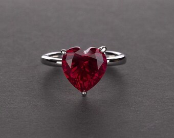 Solitaire Garnet Zirconia Silver Engagement Ring, Heart Gemstone Cut, Unique Women's Red crystal jewelleries, Gift For Her Everyday