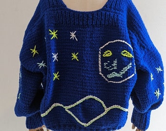 Cárdigan de punto azul hecho a mano: suéter holgado extragrande que brilla en la oscuridad
