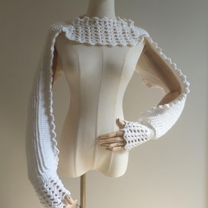 Handmade Crochet Shrug with Fingerless Gloves | White Bolero Sweater Wrap | Unique One-of-a-Kind Layering Piece