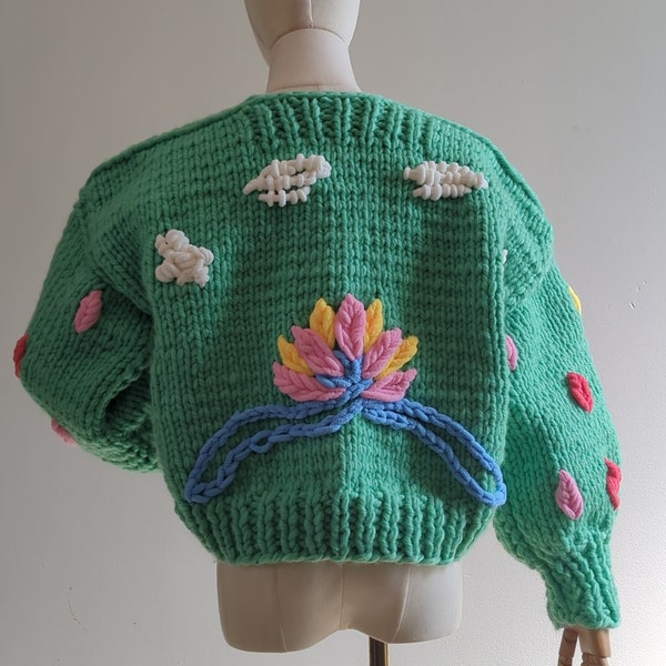 Hand Knit Cardigan, Hand Knit Jacket, Green Cardigan, Handmade Wool Cardigan