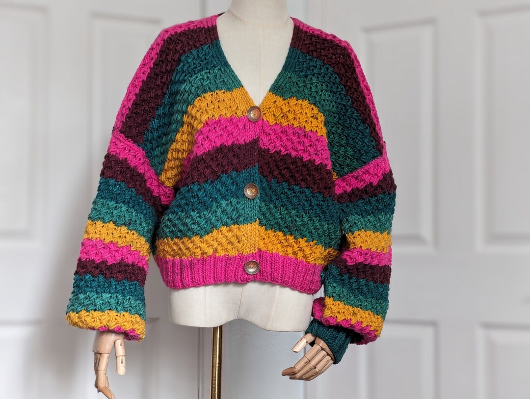 Hand Knit Striped Cardigan, V-neck 3 Button Closure, Slouchy