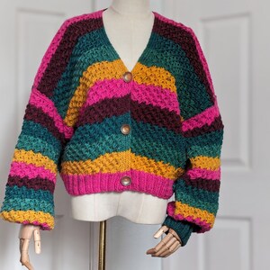 Hand Knit Striped Cardigan, V-Neck 3 Button Closure, Slouchy Drop Shoulder