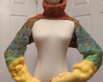 Hand Knit Bolero Arm Warmer Sweater With Crochet Gloves