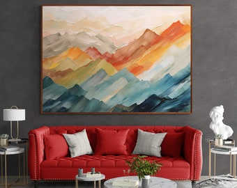Poster berglandschap | Kleurrijke bergenolieverf | Impasto-stijl | Pastelkleuren van bergen | Harmonieus natuurlijk landschap geschilderd | Premium papier