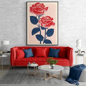 Impresión artística con estilo de rosas rojas: ilustración botánica moderna sobre fondo pastel para una decoración elegante del hogar