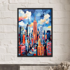 Cartel de arte moderno de Nueva York, cartel del Empire State Building, arte moderno abstracto de estilo cubista de Nueva York, paisaje colorido de la ciudad