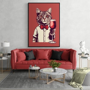 Cat with red bow tie and wine glass - Funny poster print of a cat illustration
