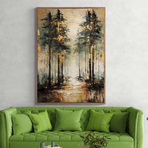 Mystischer Wald in Herbstfarben | Abstraktes Waldlandschaft Poster | Goldakzentierte Wandkunst für Naturliebhaber