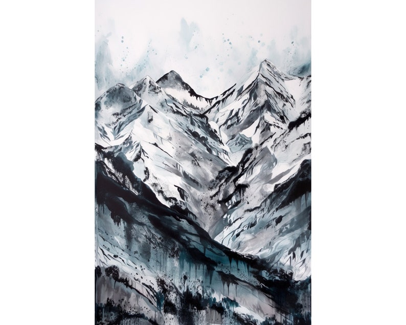 Black and White Watercolour Poster Print Alpine Mountain Landscape in ...