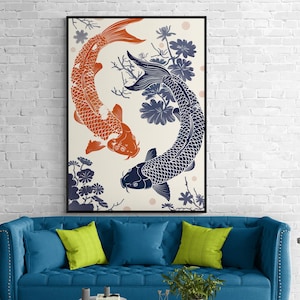 Koi Fish Poster: Two koi fish in linocut style – harmony and balance in blue and orange | Premium posters in A4 to A0 | Koi Yin-Yang