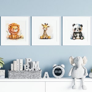 Digital animal pictures for the nursery - lion, giraffe and panda bear in watercolour and children&#39;s book style&quot;.