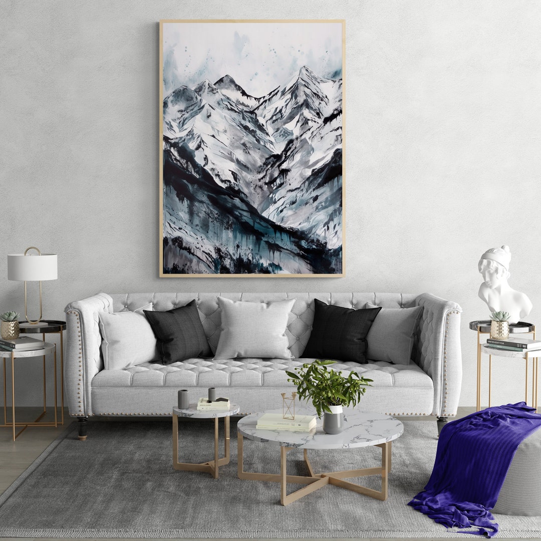 Black and White Watercolour Poster Print Alpine Mountain Landscape in ...