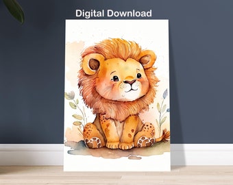 Lindo León Descargar Acuarela Vivero Decoración Niño Regalo Animal León Bebé León Cachorro