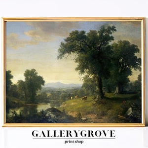 Landscape Art | Vintage Print Country Landscape Painting  | Cow Painting | Printed and Shipped | Vintage Wall Art