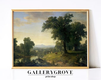 Landscape Art | Vintage Print Country Landscape Painting | Cow Painting | Printed and Shipped | Vintage wall art