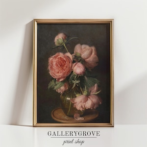 Moody Vintage Flower Print | Dark Floral Still Life Oil Painting | Printed Shipped Art | Vintage Flower Painting