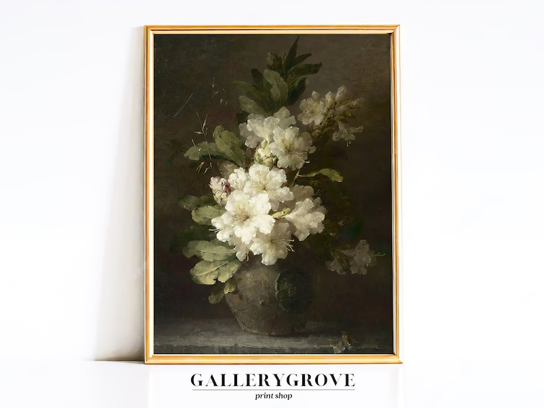 May include: A vintage oil painting depicting a bouquet of white flowers in a vase. The flowers are arranged in a loose, natural style, and the vase is a simple, earthenware design. The painting is set against a dark background, which helps to highlight the beauty of the flowers.