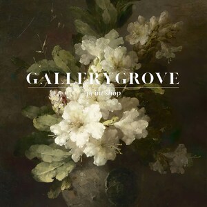 May include: A vintage still life painting of white flowers in a brown vase. The painting has a dark background and the flowers are in focus. The text "GALLERY GROVE print shop" is at the top of the image.