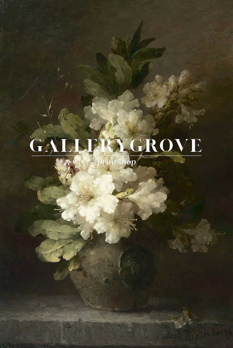 May include: A vintage still life painting of white flowers in a brown vase. The painting has a dark background and the flowers are in focus. The text "GALLERY GROVE print shop" is at the top of the image.