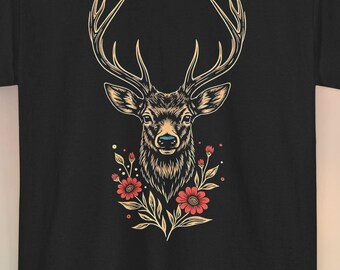 Deer Head Floral Graphic Tee: Naturinspiriertes Animal Print Shirt