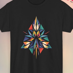 Geometrisches abstraktes Design-T-Shirt, moderne Kunst T-Shirt, buntes grafisches T-Shirt, einzigartiges Dreieck-Muster-T-Shirt, lebendige Freizeitkleidung-T-Shirt, Geschenk
