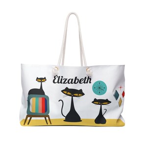 Retro Cat Weekender Bag, Personalized Mid Century Modern Atomic Cats, Travel Tote, Overnight Duffel, Cat Lover Gift, Customizable Carry On,