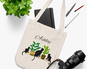 Personalized Black Cat Tote Bag: Organic Canvas Plant Lover Gift