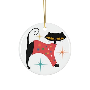 Ceramic Ornaments, Mid Century Modern Atomic Cat, Christmas Sweater Double-Sided Decor, Holiday Tree Ornaments, Black Cat Gift Decoration,
