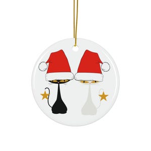 Black & White Holiday Cats Ceramic Ornament, Mid Century Modern Atomic Cats, Cats with Santa Hat, Christmas Tree Decoration, Cat Lover Gift