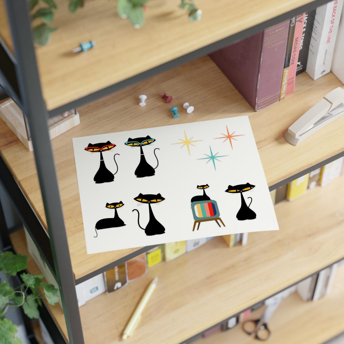 Atomic Cat Sticker Sheet: Mid-century Modern Black Cat Decals - Etsy