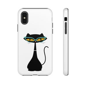 May include: White phone case featuring a stylized black cat with teal-rimmed glasses and yellow lenses. The cat has a long neck and a curved tail. The case is shown from the front and side, showcasing its design and form.