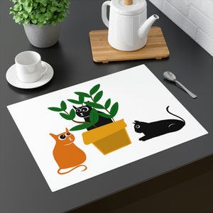 Placemat With Cats and Plants: Orange and Black Cat Admiring a Leafy Companion, Black Cat Kitchen Decor, Orange Cat Design