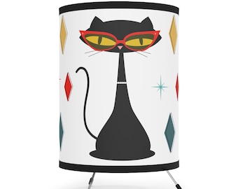 Lampe trépied, lampe chat noir moderne milieu de siècle, décoration d'intérieur moderne chat atomique, cadeau de pendaison de crémaillère, lampe de table veilleuse de style rétro, déc.