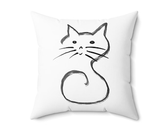 May include: Square white throw pillow featuring a minimalist black ink drawing of a cat. The cat is depicted with simple lines, including whiskers and a curled tail. The design is centered on the pillow.