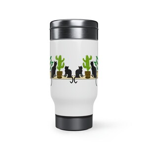 Cute Cats With Plants Stainless Steel Travel Mug with Handle, 14oz, Three Cute Black Cats