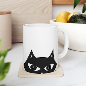 Black Cat Coffee Mug: Mid-Century Modern Ceramic Cup, Cat Lover Gift