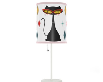 Lampe chat noir moderne milieu de siècle unique, décoration d'intérieur moderne chat atomique, cadeau de pendaison de crémaillère, lampe de table veilleuse de style rétro, déc.