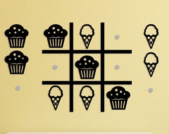 Gioco da parete in legno con muffin gelato Tic Tac Toe, impiallacciatura in legno naturale, decorazione da parete per la cameretta dei bambini, giochi per la famiglia, gioco di tris