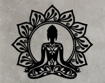 Arte mural de Buda de madera, decoración zen de yoga, arte de mantras espirituales