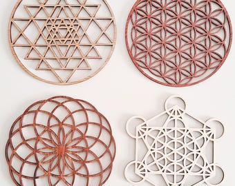 Sacred Geometry Wooden Wall Art – Flower of Life, Sri Yantra