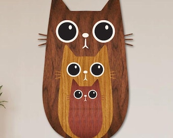 Arte mural de madera con forma de familia de gatos: decoración felina moderna para el hogar