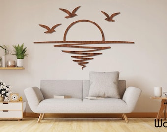 Arte de pared de madera con puesta de sol, sol minimalista y pájaros, adorno costero para el hogar.