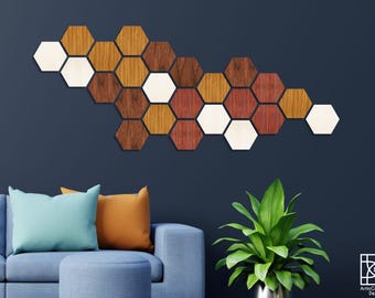 Painéis de parede geométricos hexagonais em madeira – Decoração modular moderna