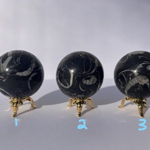 May include: Three black and white petrified wood spheres on gold metal stands. The spheres are polished and have a swirling pattern. The stands have three legs.
