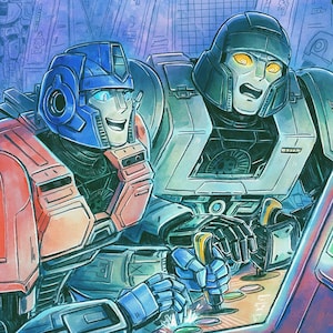 Op de afbeelding: Twee blauwe en rode robots spelen samen een videogame. De robot links is rood en blauw, terwijl de robot rechts voornamelijk grijs is met gele ogen. Het spel heeft een blauw en groen scherm met knoppen.